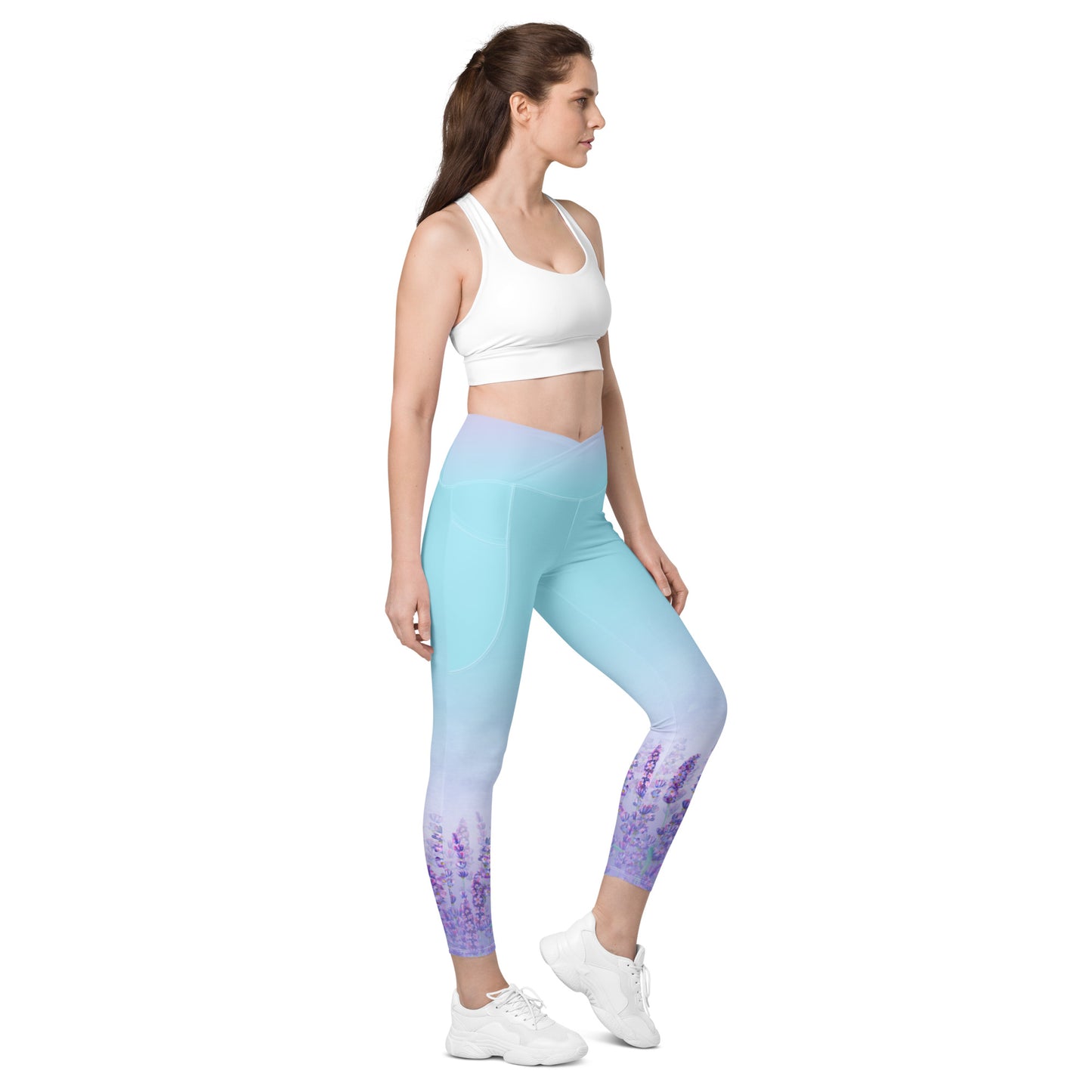 Lilac Flowers Field Crossover Leggings with Pockets