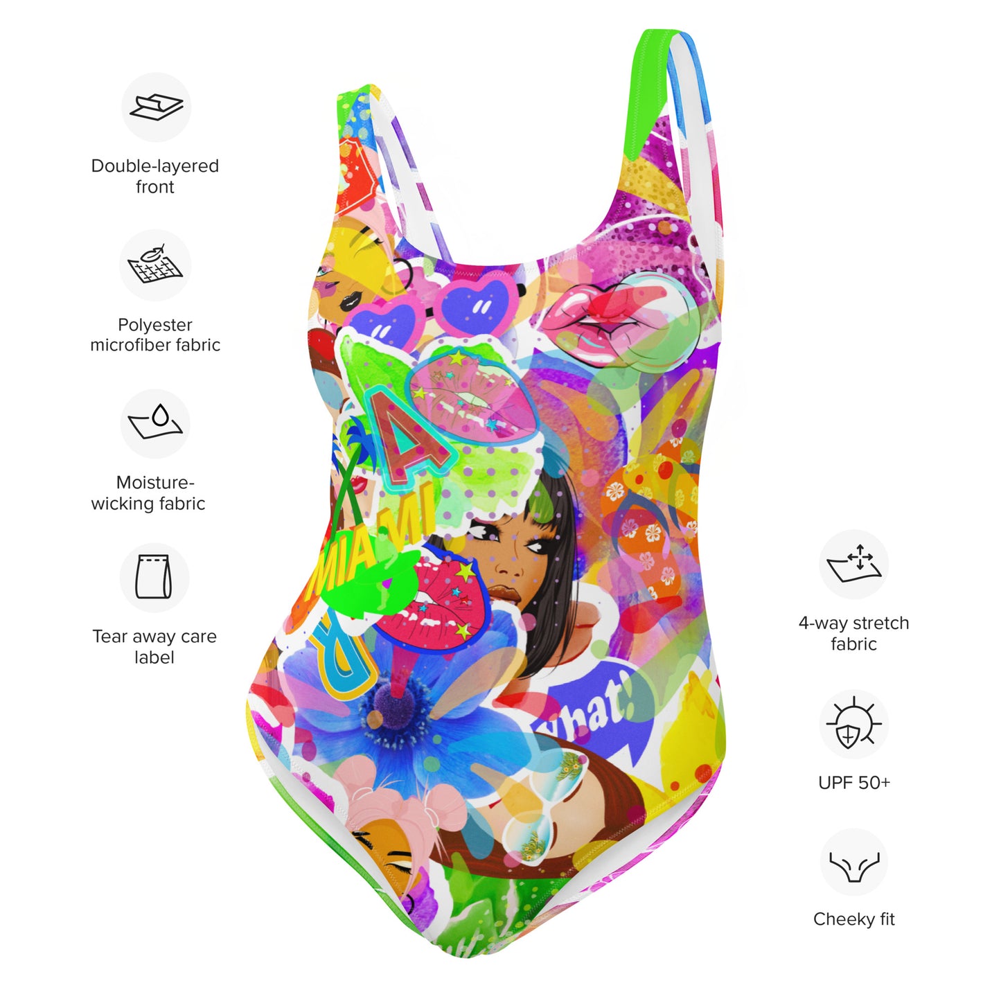 Miami Girl Art Deco Beach Bright Color One-Piece Swimsuit