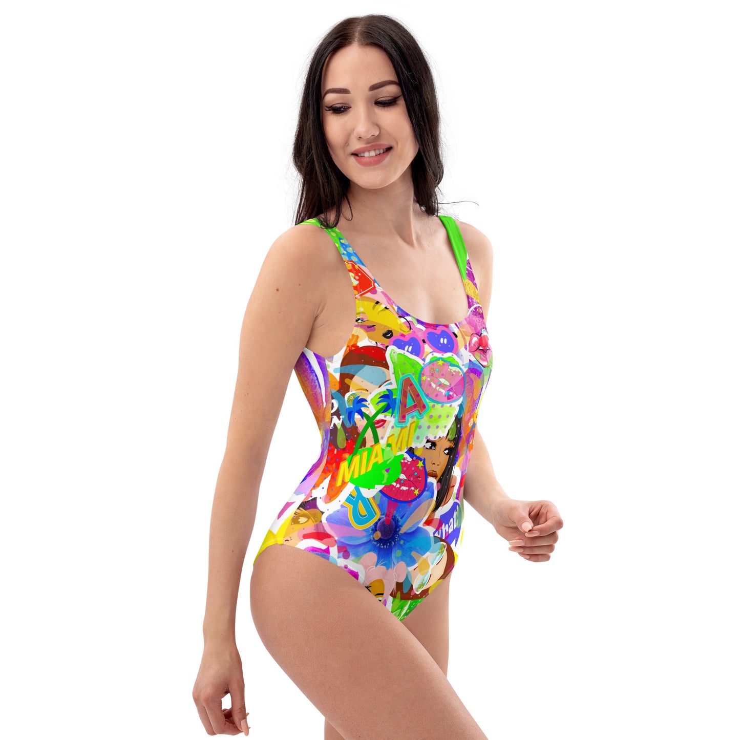 Miami Girl Art Deco Beach Bright Color One-Piece Swimsuit